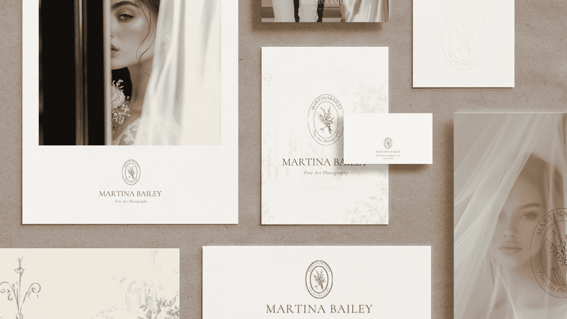 Luxury wedding photography brand identity kit with logo suite, business cards, and elegant visual elements designed for professional client experience.