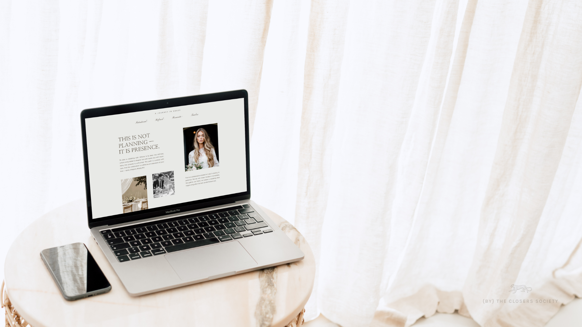 MacBook Pro displaying a modern Showit website design for a wedding professional, styled on a marble table with soft natural light—reflecting the elevated clarity and intentional presence a strategic Showit template brings to help book more clients.