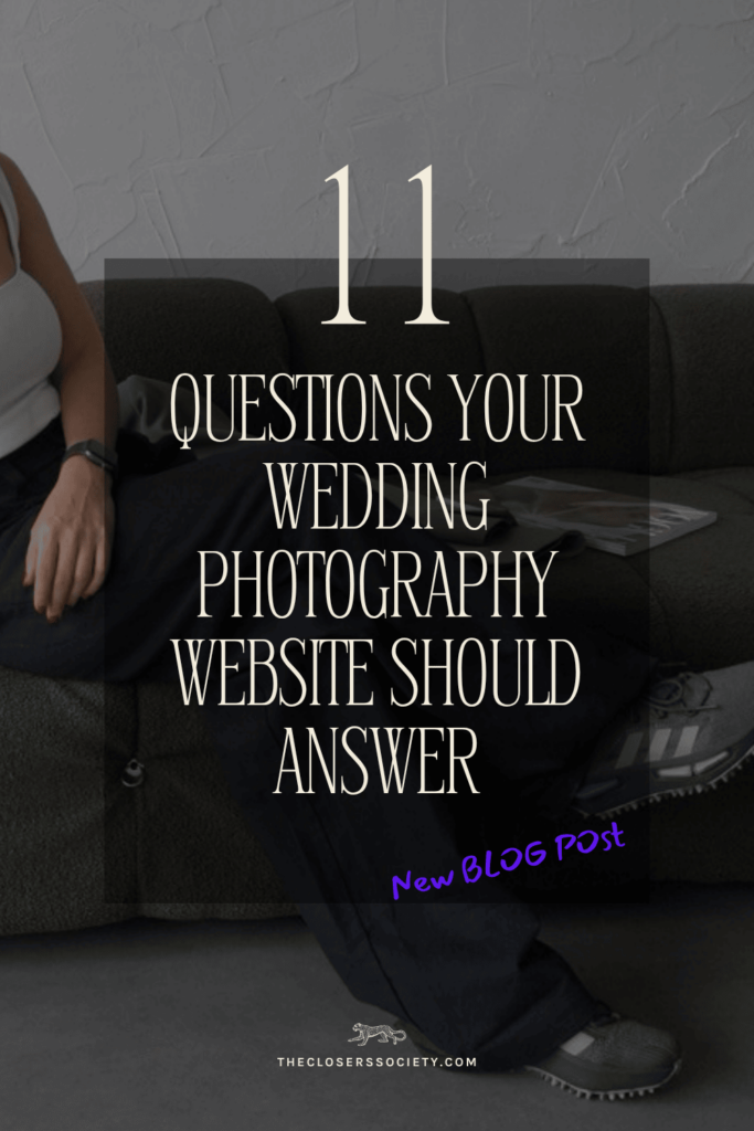 Blog graphic with large serif text reading “11 Questions Your Wedding Photography Website Should Answer” overlayed on a photo of a casually dressed woman sitting on a green couch with a fashion magazine nearby.
