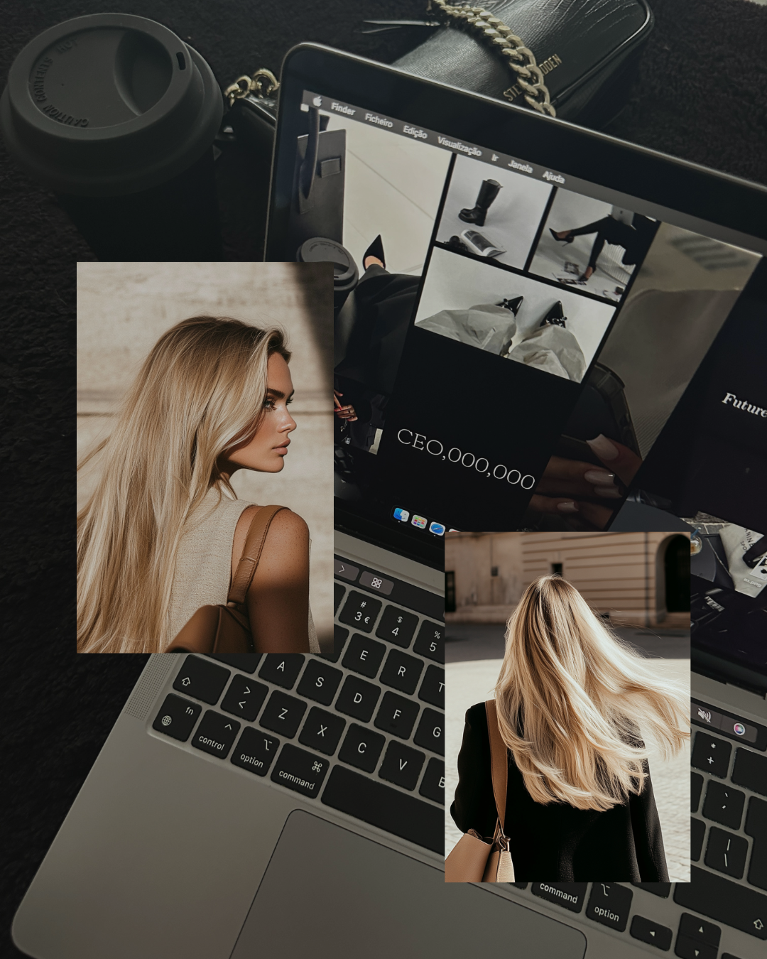 Flat lay of a luxury laptop workspace featuring a premium brand website and fashion-inspired visuals, symbolizing strategic personal branding and website design for attracting high-paying clients.