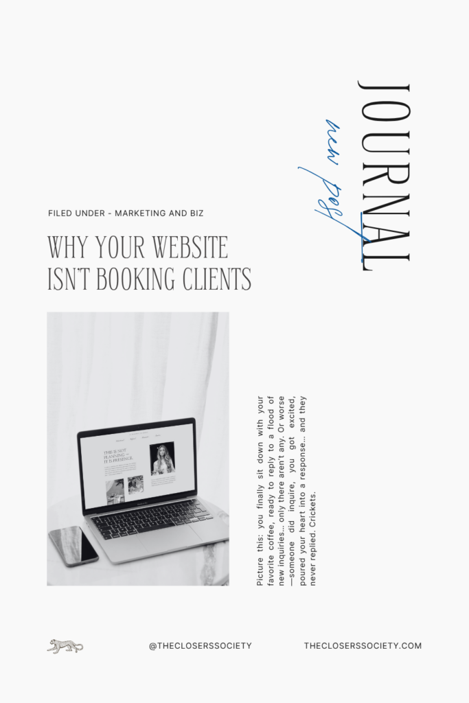 Editorial blog graphic featuring a laptop with a Showit website open, styled on a marble desk with refined typography and a bold headline: “Why Your Website Isn’t Booking Clients.”