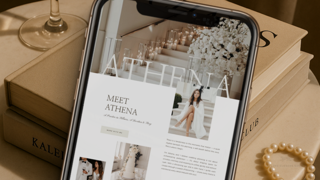 Mobile view of the Athena Showit website template, showcasing elegant wedding planner design with soft neutral tones, candles, and editorial styling.