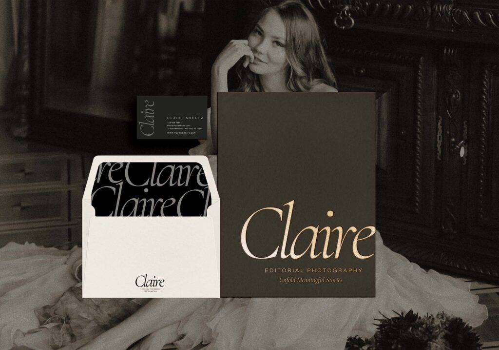 Sophisticated Canva brand kit for wedding photographers featuring the Claire editorial suite by The Closers Society. Designed to help female creatives elevate their client experience with cohesive, high-end branding that communicates trust, elegance, and editorial quality.