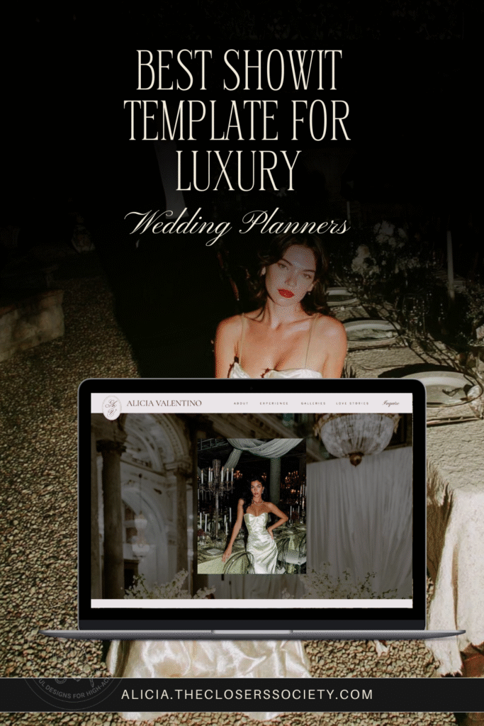 Homepage design of the Alicia Showit template for luxury wedding planners, showing elegant editorial layout, minimalist typography, and quiet luxury design style.